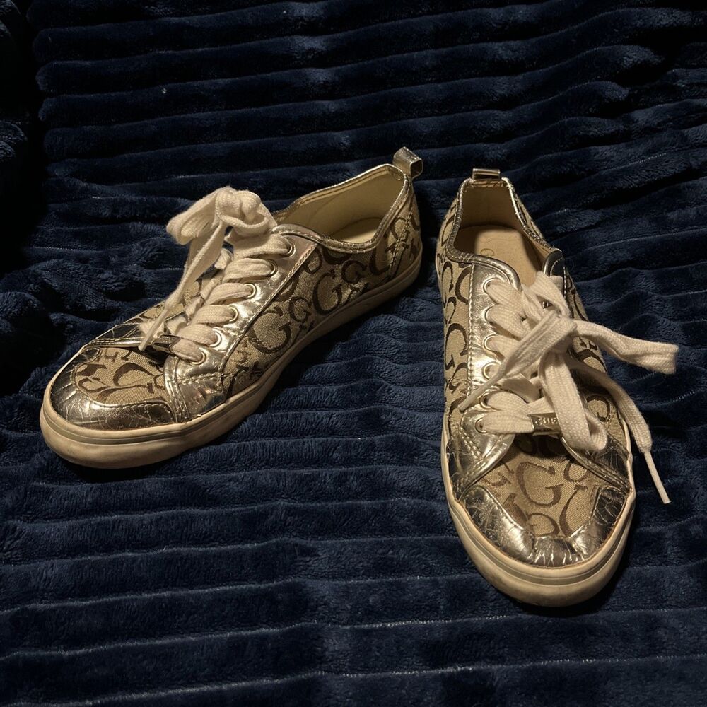 GUESS Goodly Signature Gold Metallic Sneakers Tennis Shoes Size 7.5M
